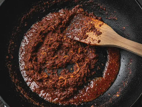 Sambal cili kering merah gelap digoreng perlahan dalam kuali sehingga pecah minyak