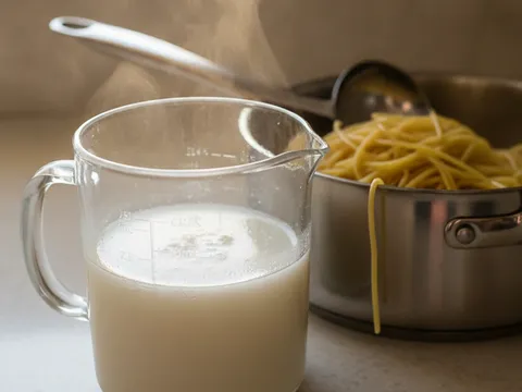 Air rebusan pasta yang keruh berkanji diceduk dengan cawan penyukat dari dalam periuk