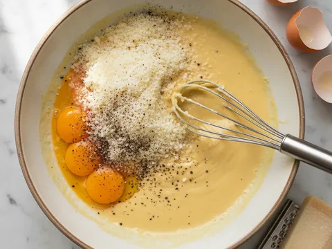 Kuning telur dan keju parmesan parut dipukul dengan pemukul dawai dalam mangkuk sehingga pekat seperti mayonis