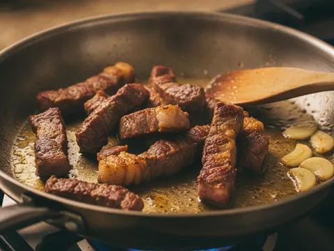 Potongan streaky beef digoreng dalam kuali sehingga tepinya garing keperangan dan lemaknya keluar