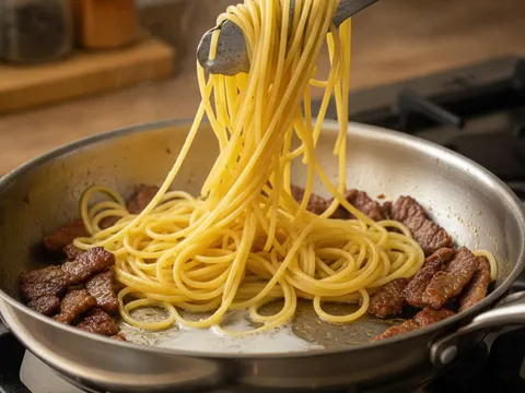 Spageti digaul di dalam kuali bersama potongan streaky beef dan lemaknya menggunakan penyepit