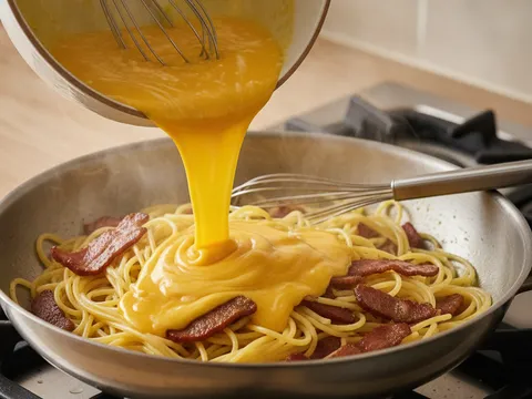 Bancuhan kuning telur dan keju dituang ke atas spageti panas dalam kuali yang sudah dimatikan apinya