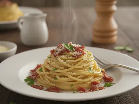 Pasta carbonara siap dihidang dalam pinggan, bersalut sos pekat berkilat dan bertabur daging garing serta lada hitam
