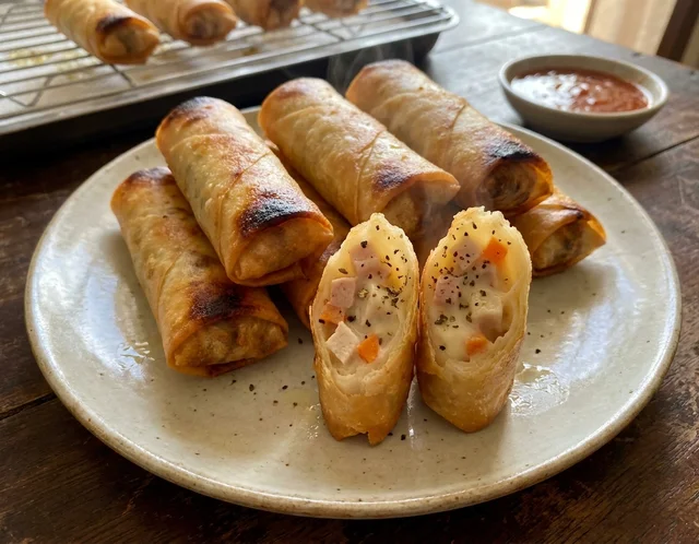 Popia carbonara goreng keemasan disusun atas pinggan, satu batang dipotong dua menampakkan inti berkrim dengan ayam, sosej dan lobak merah