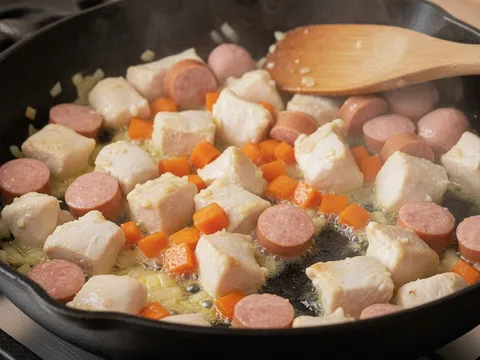 Dadu ayam, sosej dan lobak merah ditumis bersama bawang dalam kuali dengan butter cair