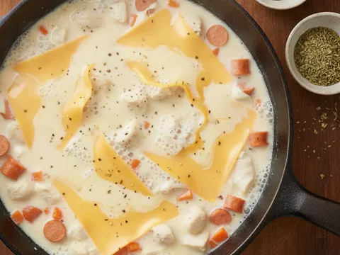 Keping keju cheddar dikacau ke dalam campuran susu panas bersama inti ayam dan sosej sehingga cair