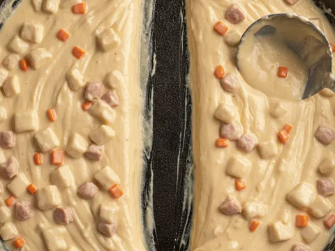Senduk diheret melalui inti carbonara pekat dalam kuali meninggalkan garisan yang kekal seketika