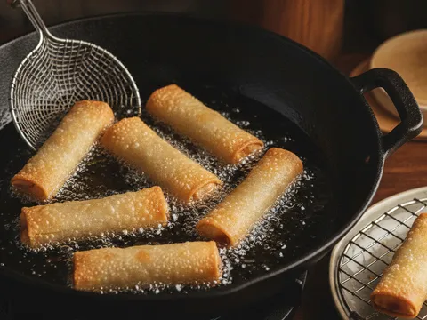 Beberapa batang popia carbonara digoreng terendam dalam minyak panas sehingga keemasan