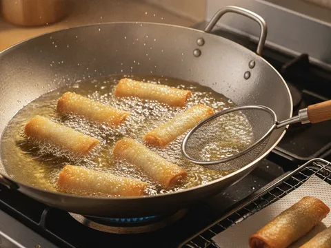 Popia digoreng dalam minyak panas sehingga keemasan dan garing dalam kuali besar