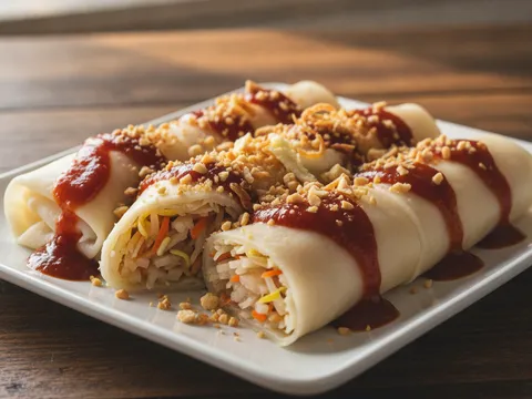 Popiah basah siap disusun di atas pinggan, disiram sos merah pekat dan ditabur kacang tanah serta bawang goreng