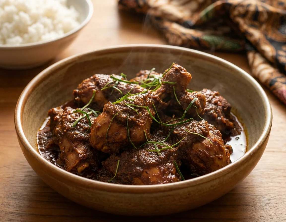 Rendang Ayam pekat berwarna coklat kemerahan dengan daun limau purut