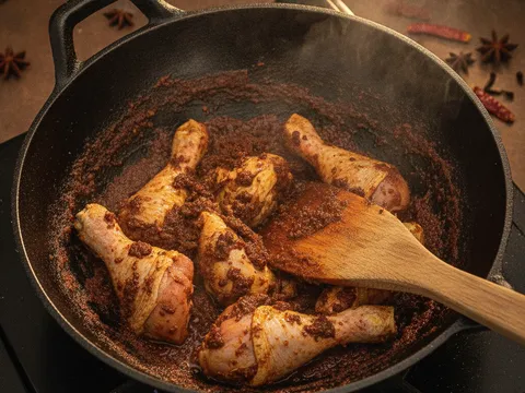 Ketul ayam dimasukkan dan diaduk dengan rempah kisar dalam kuali