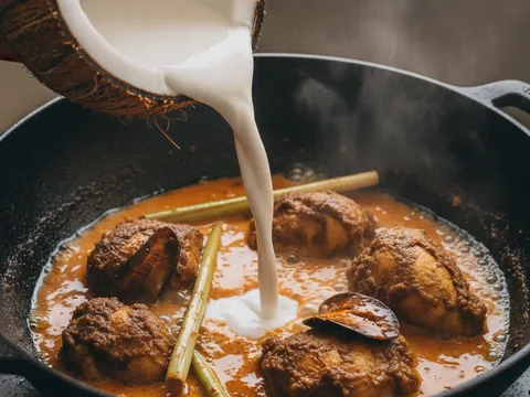 Santan dan air dituang ke dalam kuali berisi ayam dan rempah