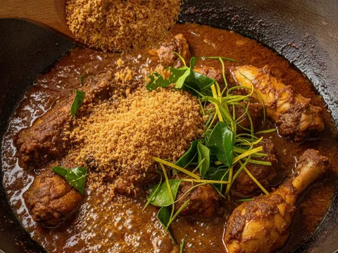 Kerisik dan daun limau purut dikisar halus dimasukkan ke rendang