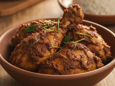 Rendang Ayam siap dihidangkan dalam mangkuk dengan warna coklat pekat