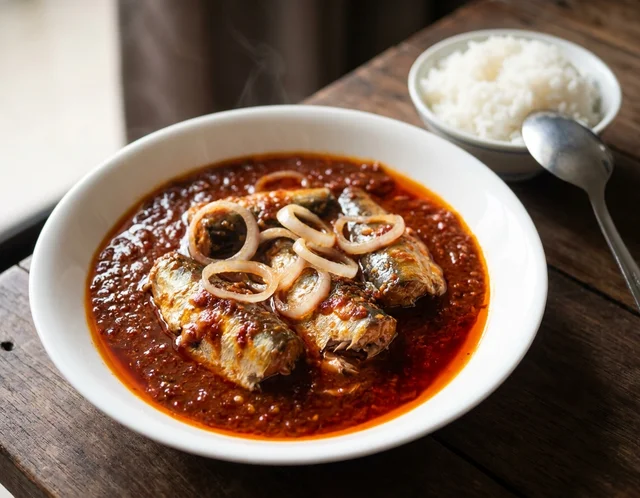 Sambal sardin dalam mangkuk putih — ikan sardin utuh dalam kuah sambal merah pekat bertabur hirisan bulat bawang besar, dihidang bersama nasi putih panas