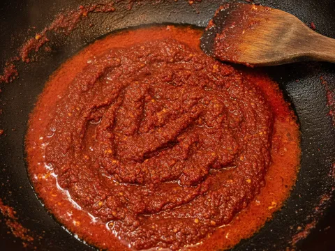 Pes sambal cili kering ditumis dalam kuali sehingga minyak merah terpisah dan naik ke permukaan