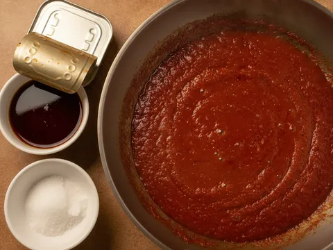 Kuah sardin dari tin sudah dicampur ke dalam sambal yang mendidih bersama air asam jawa, gula dan garam sehingga kuah pekat berkilat