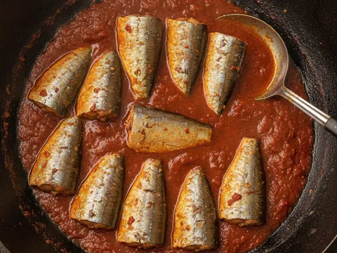 Ikan sardin disusun perlahan ke dalam kuah sambal merah yang mendidih tanpa dikacau kuat
