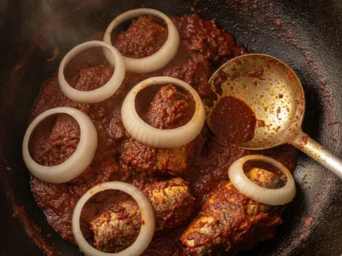 Hirisan bulat bawang besar digaul perlahan dengan senduk ke dalam sambal sardin sehingga sedikit layu