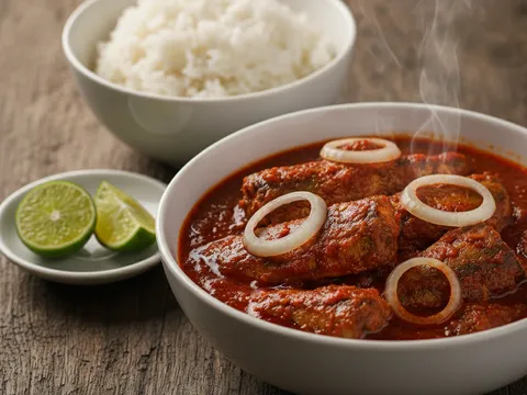 Sambal sardin siap dihidang dalam mangkuk putih bersama nasi putih panas dan baji limau nipis di sisi