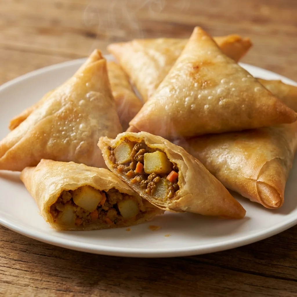 Samosa segi tiga kuning keemasan tersusun di atas pinggan putih, satu dipotong menampakkan inti kentang dan daging berempah kari