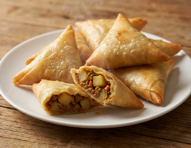 Samosa segi tiga kuning keemasan tersusun di atas pinggan putih, satu dipotong menampakkan inti kentang dan daging berempah kari