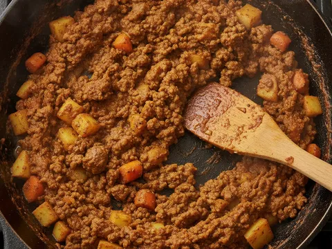 Daging cincang, karot dadu dan kentang digaul bersama pes rempah kari dalam kuali