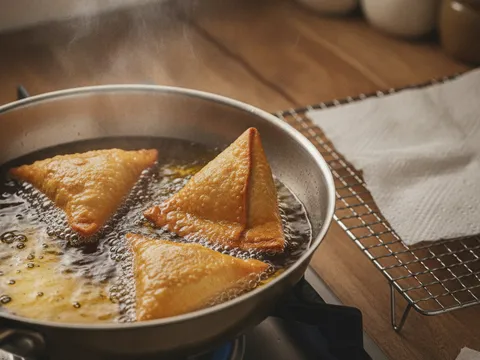 Samosa segi tiga digoreng rendam dalam minyak panas sehingga kuning keemasan, redai bertutup kertas di sebelah