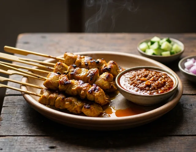 Cucuk sate ayam keemasan berbekas bakar disusun di atas pinggan, bersama mangkuk kuah kacang pekat, timun dan bawang besar potong dadu