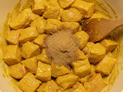 Ketulan ayam digaul dengan perapan kuning pekat dalam bekas besar sehingga bersalut rata