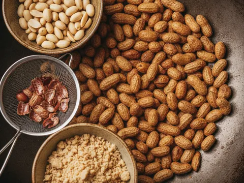 Kacang tanah disangai hingga perang dalam kuali kering, sebahagiannya sudah dibuang kulit dan dikisar kasar