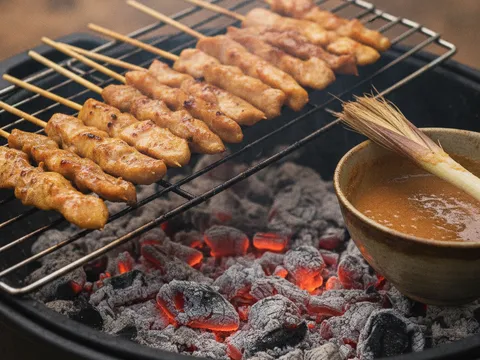 Cucuk sate ayam dibakar di atas bara arang sambil direnjis minyak menggunakan berus serai
