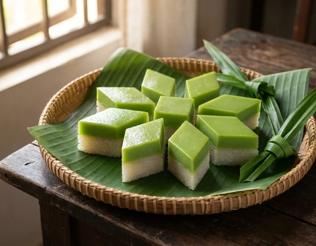 Potongan kuih seri muka dengan lapisan pulut putih padat di bawah dan kastard pandan hijau licin di atas, disusun atas daun pisang dalam dulang rotan