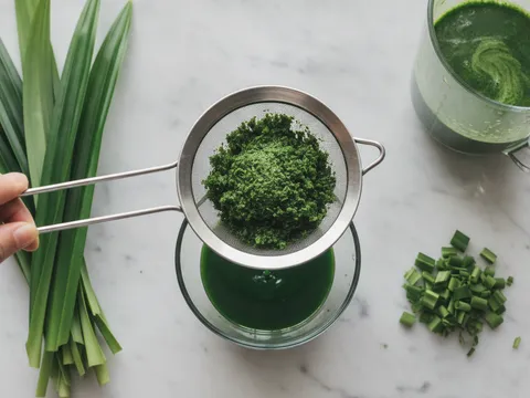 Jus pandan hijau pekat ditapis daripada daun pandan kisar ke dalam mangkuk kaca
