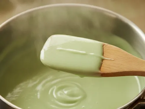 Adunan kastard pandan pekat melekat pada belakang spatula kayu di atas periuk pada api kecil