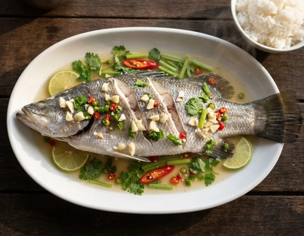 Ikan siakap stim limau di atas pinggan lonjong, bersiram kuah bening bertaburan bawang putih cincang, cili padi dan daun ketumbar