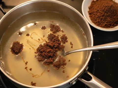 Stok ayam berwarna jernih dipanaskan dalam periuk kecil dengan parutan gula melaka yang sedang melarut