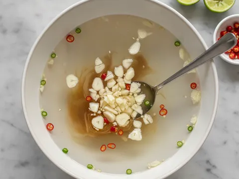 Bawang putih cincang, cili padi dan jus limau nipis dimasukkan ke dalam mangkuk stok panas dan dikacau