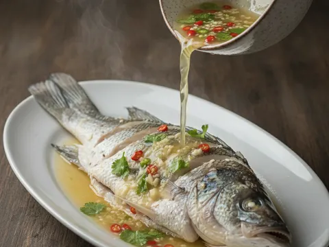 Kuah limau bawang putih dicurah dari mangkuk ke atas ikan siakap yang telah dikukus di atas pinggan hidangan