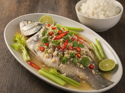 Ikan siakap stim limau siap dihias daun sup, hirisan cili merah dan limau nipis, dihidang bersama nasi putih