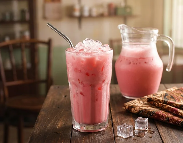 Jag kaca dan dua gelas tinggi berisi sirap bandung merah jambu berais di atas meja kayu, dengan botol sirap ros dan tin susu sejat di latar belakang