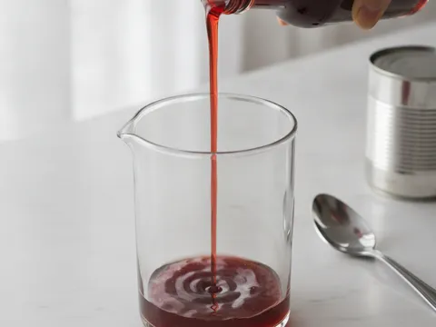 Sirap ros merah pekat dituang dari botol ke dalam jag kaca kosong di atas meja dapur