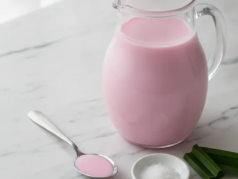 Sudu kecil mencedok sedikit air bandung merah jambu dari jag untuk dirasa, dengan mangkuk garam halus di sebelahnya
