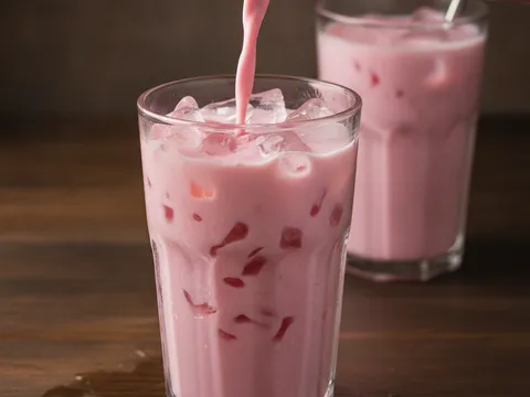Sirap bandung merah jambu dituang dari jag ke dalam gelas tinggi penuh ais batu sehingga hampir melimpah