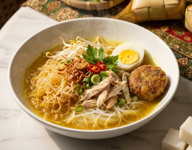Soto Ayam Malaysia dalam mangkuk — kuah kuning bening harum dengan ayam carik, bihun, taugeh, telur rebus dan bawang goreng