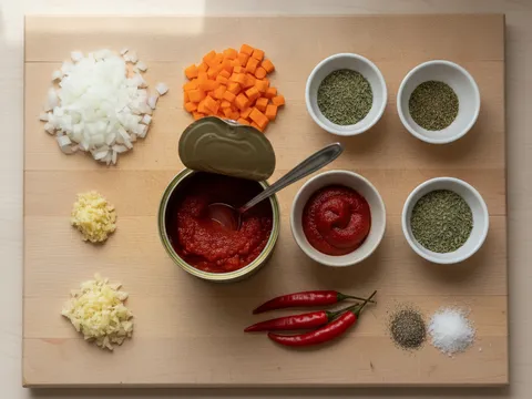 Bawang holland dan lobak merah didadu halus, bawang putih dicincang serta tomato tin dan pes tomato disusun sedia di atas papan pemotong