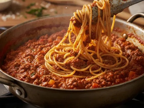 Spaghetti al dente digaul sebati dengan sos bolognese daging cincang di dalam periuk atas api kecil