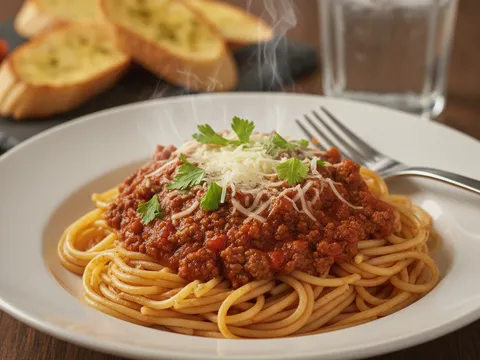 Spaghetti bolognese siap dihidang dalam pinggan putih dengan taburan keju parut dan daun sup hijau