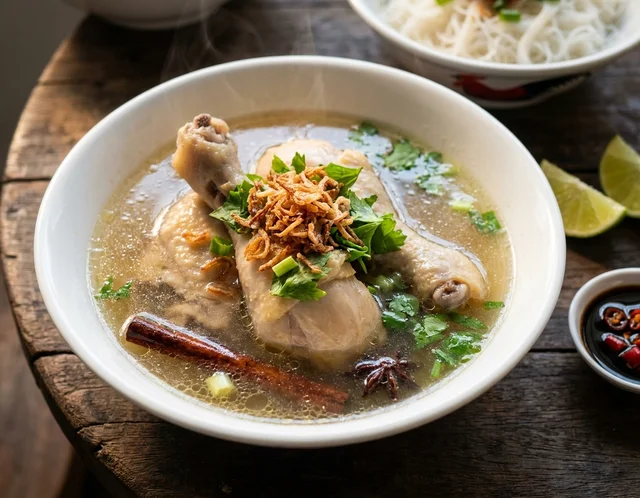 Sup ayam ala gerai berkuah jernih dalam mangkuk putih, ditabur bawang goreng, daun sup dan daun bawang, dihidang panas dengan wap naik